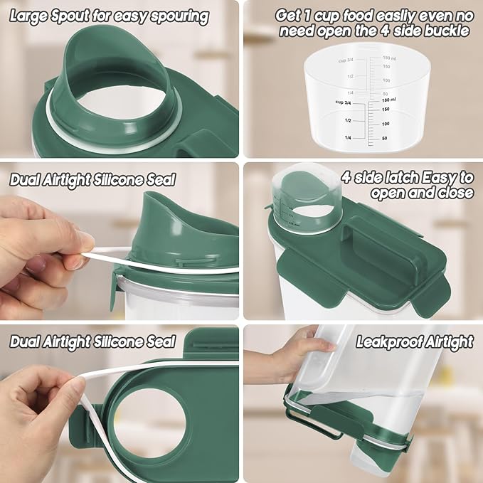 5-7lbs Cat Dog Storage Container Portable with Upgraded Large Spout and Cup, Plastic Pet Food Dispenser BPA-Free for Small Animal Kibble, Bird Seed, Oatmeal, Rice, Flour-2Pack Dark Green