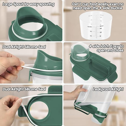 5-7lbs Cat Dog Storage Container Portable with Upgraded Large Spout and Cup, Plastic Pet Food Dispenser BPA-Free for Small Animal Kibble, Bird Seed, Oatmeal, Rice, Flour-2Pack Dark Green