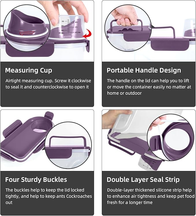 5Lbs/6Qt Airtight Pet Storage Container Translucent Body, Upgraded Large Nozzle With Handle Design For Cat Dog Bird Food and for Small Animal Kibble, Oatmeal, Rice, Flour, Brown Sugart-Purple