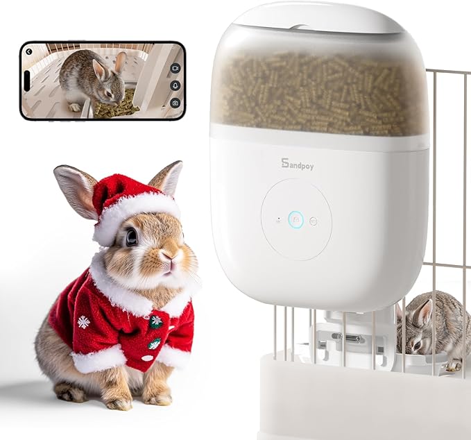 Sandpoy Hanging Automatic Rabbit Feeder with 1080P Camera, 62oz Storage, Multiple Pet Cage Compatibility, Customized Feeding Schedule- Perfect for Ferrets, Cats, Guinea Pigs, Chinchilla and Hedgehog