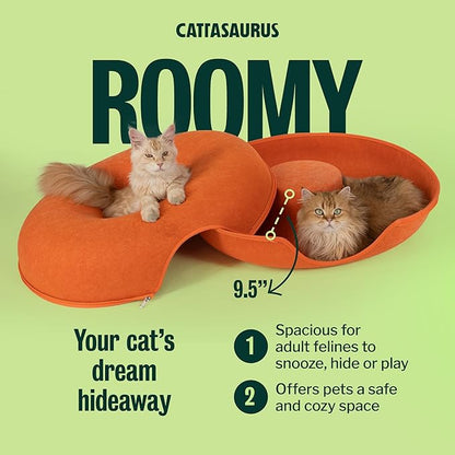 Cattasaurus Peekaboo Cat Cave, Extra Spacious for Multiple & Large Cats 15+ lbs, Scratch Detachable Cat Beds for Indoor Cats, Washable Tunnel Bed, Comfy Donut Tunnel (Orange, Jumbo)