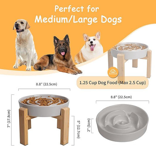 Elevated Slow Feeder Dog Bowl - Puzzle Maze Dish with Bamboo Stand - Raised Ceramic Food Bowl for Medium and Large Dogs - Grey - 8.8 inch
