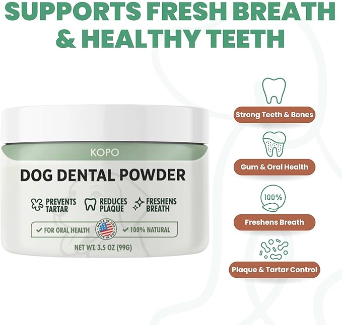 Kopo Dog Dental Powder - Dog Bad Breath Treatment for All Breed Size - Includes Probiotics for Dogs - Easy Way for Dog Teeth Cleaning - One of The Essential Pet Supplies with Beef Flavor