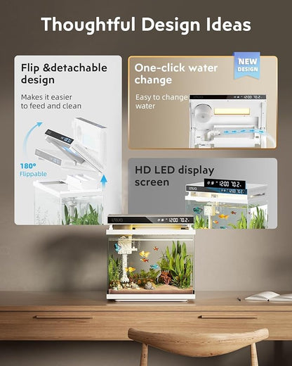 Fish Tank Smart Aquarium Kit: 2 Gal UHD Glass Silent Water Pump Self Cleaning System Temperature Monitoring Essential Oil Diffuser with Humidifier 7 Color Lights Multi-Layer Filtration System - White