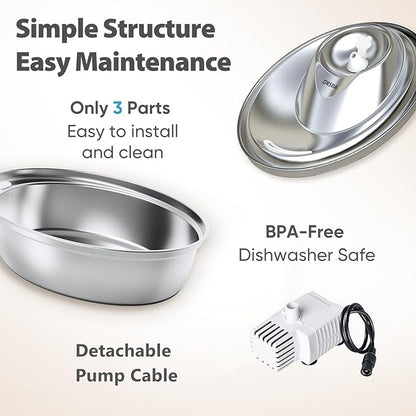 ORSDA Cat Water Fountain Stainless Steel, 2L Pet Fountain for Cats Inside, Dog Water Dispenser, Automatic Cat Drinking Fountains with 6 Replacement Filters for Cats, Small Dogs