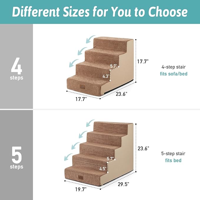 Dog Stairs for Small Dogs, 5 Tier Wider Pet Stairs for High Beds, 23.6" H Non-Slip Dog Steps for Old Cats, Puppies, Small Medium Dogs, 19.7x29.5x23.6 inch, Light Brown