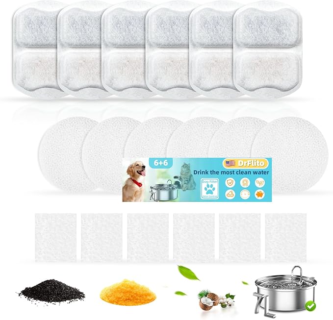 6 Sets Filter Replacement Compatible with oneisall 7L/230oz/1.8G Dog Water Fountain, Dog Water Bowl Filter for Stainless Steel Pet Fountain, 5-Layer Filtration System Activated Carbon Ion Resin