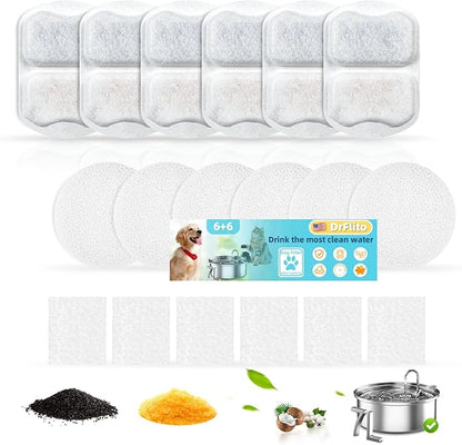 6 Sets Filter Replacement Compatible with oneisall 7L/230oz/1.8G Dog Water Fountain, Dog Water Bowl Filter for Stainless Steel Pet Fountain, 5-Layer Filtration System Activated Carbon Ion Resin