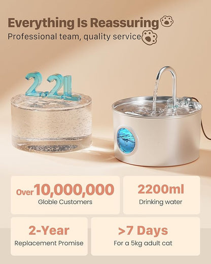 Cat Water Fountain Stainless Steel: Cat Fountain for Drinking - Pet Water Fountain for Cats Inside - 74oz/2.2L Quiet Cats Water Bowl Dispenser - Kitten Drinking Fountains - 6 Filters + 3 Sponges