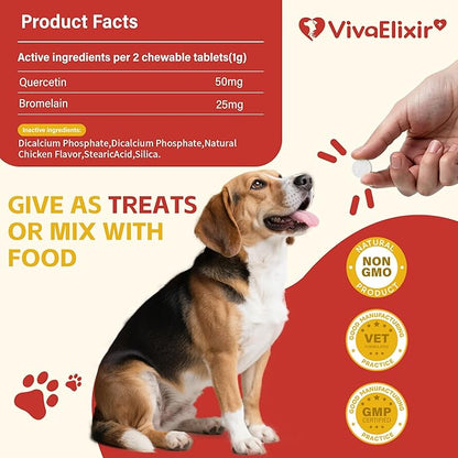 Quercetin & Bromelain Tablets for Dogs — for Skin Allergy, Atopic Dermatitis, Ear Infection Treatment & Joint Inflammation — Immune & Anti-Inflammatory Support — Vet-Formulated