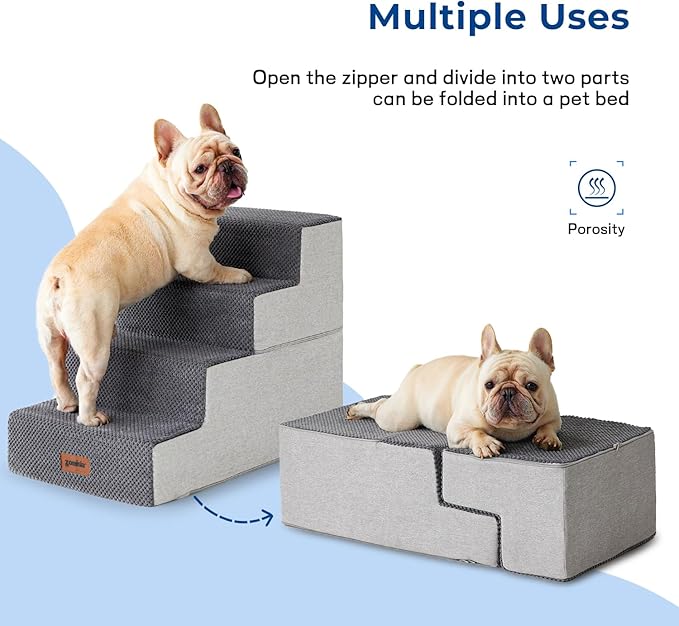 Dog Stairs for Small Dogs - Pet Stairs 2 in 1 with Zippers Suitable for Couch and Bed, 35D Foam Dog Steps with Non Slip Bottom Grey 4 Steps, Beige