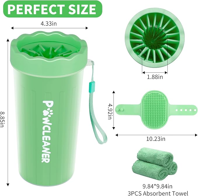 Professional 7 in 1 Dog Paw Cleaner for Dogs - Includes 1 Portable Paw Washer, 1 Bath Brush, 2 Dog Toothbrushes and 3 Absorbent Towels Note: Fits Paws 2.5 to 3.5 Inches Wide (Large, Light Green)