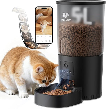 IMIPAW 5L Automatic Cat Feeder with Camera - AI Pet Recognition & Recording, Night Vision, 5G WiFi APP Remote Control, Two-Way Audio & Desiccant Bag, Timed Programmable Food Dispenser for Small Pets