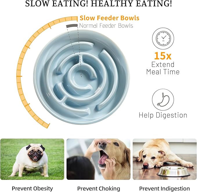Ceramic Slow Feeder Dog Bowl,1.5 Cups Pet Slow Feeder for Small and Medium Breed,Puzzle Dog Food Dish,Anti-Gulping,Stop Bloat,Preventing Choking(Blue)