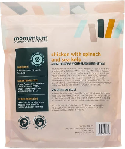 Momentum Carnivore Nutrition Freeze-Dried Chicken, Spinach & Sea Kelp Dog Treats & Cat Treats – Single-Ingredient Recipe, High-Protein, Grain-Free, Natural Superfood Blend – Made in USA – 3 oz Bag