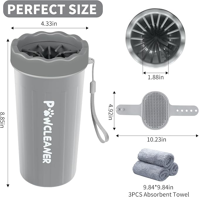 Professional 7 in 1 Dog Paw Cleaner for Dogs & Cats - Includes 1 Portable Paw Washer, 1 Bath Brush, 2 Dog Toothbrushes and 3 Absorbent Towels Note: Fits Paws 2.5 to 3.5 Inches Wide (Large, Grey)