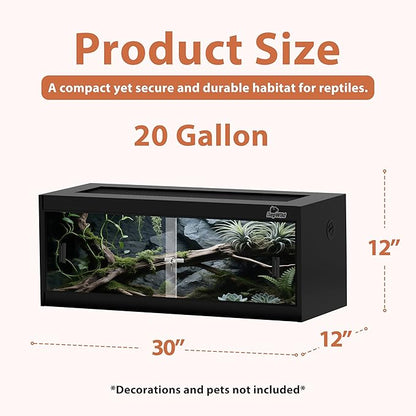 20 Gallon PVC Reptile Enclosure, RepWild 30"x12"x12" Terrarium/Tank with Heavy-Duty Screen Top, Glass Sliding Doors & Lock for Bearded Dragons, Ball Python, Geckos, Lizards