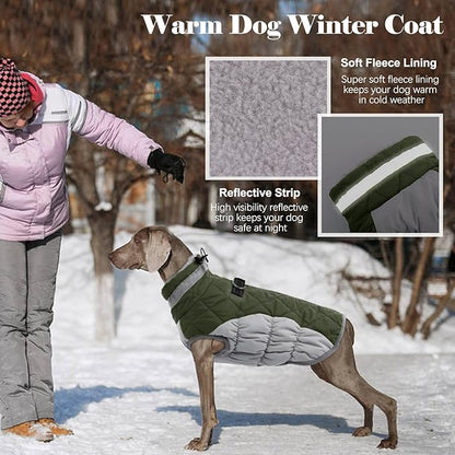 Lelepet Dog Coat Warm Dog Winter Coat Waterproof Dogs Jacket with Harness Built in Reflective Pet Fleece Vest Zip-Up Cold Weather Coats for Large Dogs Turtleneck & Windproof Coats Boxer Army Green XL