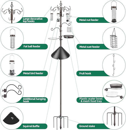 Bird Feeding Station Kit with Squirrel Baffle Bird Feeder Pole with Suet Cage Mesh Tray Fruit Hook Double W Hook for Attracting Wild Birds and Hanging Planter Hanger Lights