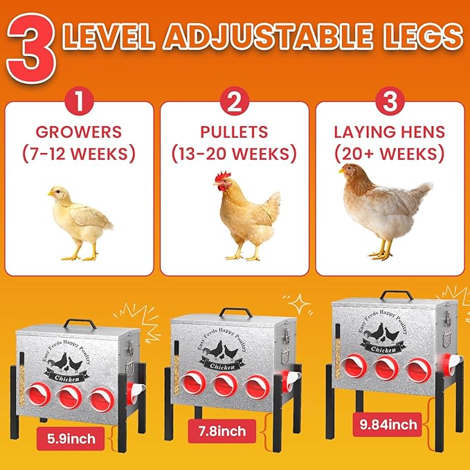 10gal 55LB Large Automatic Chicken Feeder with Window - 8 Port No Waste Design, Rust-proof Alloy Steel with Locking Lid & Adjustable Legs, Rodent Proof, Waterproof Silo for Hens, Ducks, Geese, Poultry