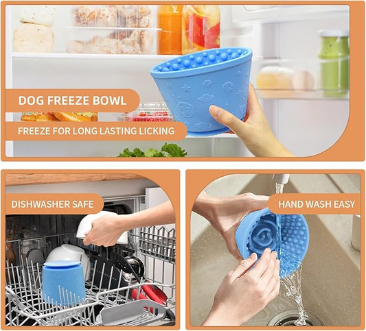 Dog Lick Bowl with Brush and Scraper, Anxiety Relief Silicone Slow Feeder Treat Dispenser, Anti-chocking Pet Dish, Non-Slip Interactive Entertainment Dog Puzzle Toy for Medium & Large-Light Blue
