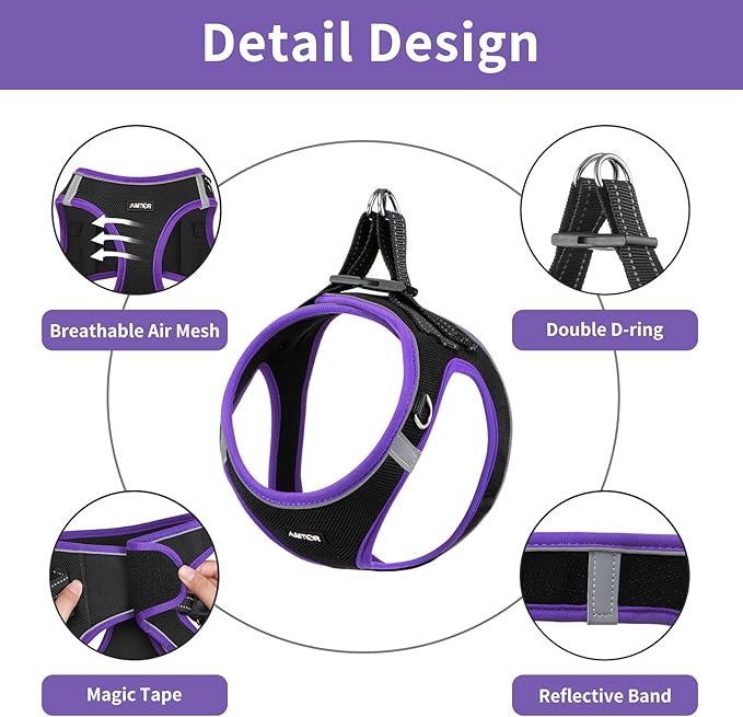 AMTOR Small Dog Harness with Leash Set, No Escape Easy Walk Puppy Harnesses for Training Walking, Step-in Reflective Soft Dogs Vest for XS S Medium Extra-Small Large Sized Dog(S,Black/Purple)
