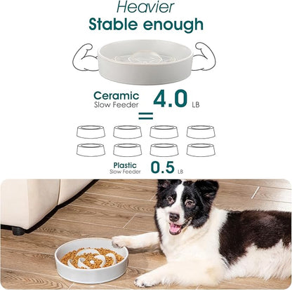 vancasso Slow Feeder Dog Bowl, 3 Cups Ceramic Slow Feeder for Large Breed, Puzzle Maze Dog Food Bowl for Fast Eater, Light Gray