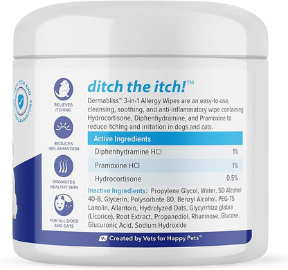 Vetnique Dermabliss 3-in-1 Medicated Dog Wipes - Relief for Itchy Skin, Allergies & Odor Control, Gentle No-Sting Formula, Antihistamine & Hydrocortisone Paw Wipes for Dogs & Cats 50 Count