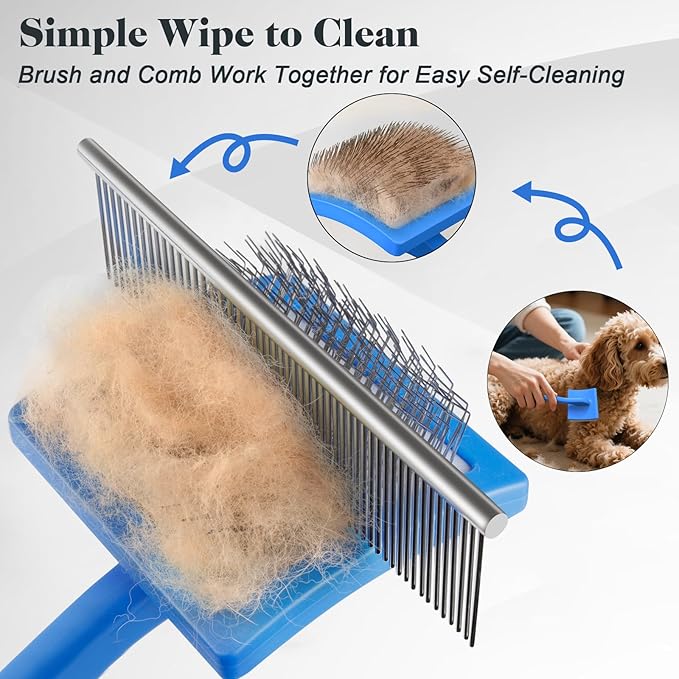2PCS Slicker Brush for Dogs & Pet Comb,Professional Dog Grooming Brush (Goldendoodles,Poodles,Labradoodles) with Extra Long Pins to Effectively Remove Tangles, Knots and Mats (Blue, Large)