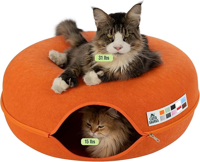 Cattasaurus Peekaboo Cat Cave, Extra Spacious for Multiple & Large Cats 15+ lbs, Scratch Detachable Cat Beds for Indoor Cats, Washable Tunnel Bed, Comfy Donut Tunnel (Orange, Jumbo)