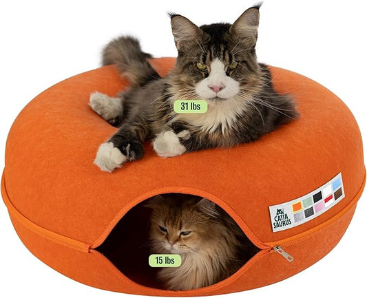 Cattasaurus Peekaboo Cat Cave, Extra Spacious for Multiple & Large Cats 15+ lbs, Scratch Detachable Cat Beds for Indoor Cats, Washable Tunnel Bed, Comfy Donut Tunnel (Orange, Jumbo)