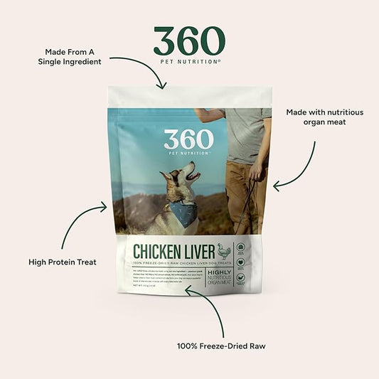 360 Pet Nutrition Freeze-Dried Raw Chicken Liver Dog Treats – Single Ingredient, High Protein, Grain-Free, All-Natural Training Snacks, Made in USA, 4 oz