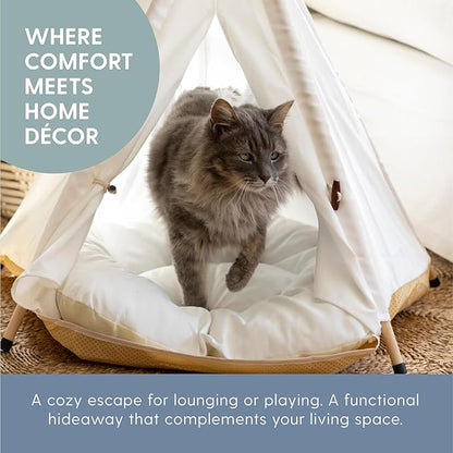 The Cat Ladies Cat Teepee - White Small Dog Tent Bed with a Soft Inner Cushion - Indoor Pet Teepee with Wooden Poles for Cats Dogs Rabbit and Bunny - with Feather Toys