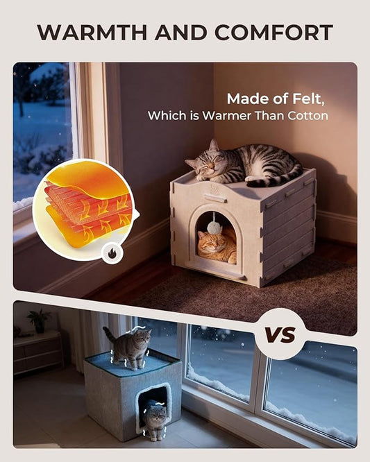 Apasiri Indoor Cat Houses for Indoor Cats, Warm Insulated Covered Cat Cave for Indoor Cats House, Strong Scratch-Resistant Capacity, Sturdy Fiber, Compatible with Heating Pads, Cat