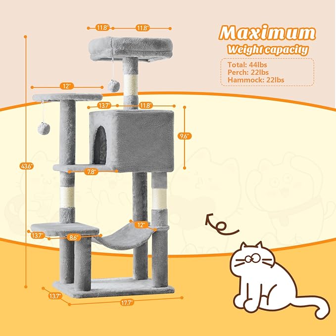 Sweetcrispy 44 inch Cat Tree Tower, Small Cat Climbing Tower with Condo, Natural Sisal Scratching Posts, Extended Platform, Hammock, Pet House for Indoor Cats and Kittens Play, Light Grey