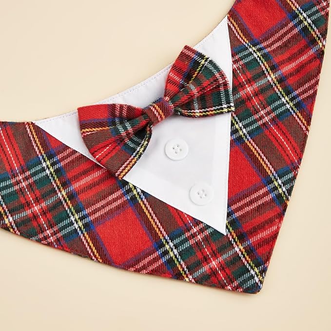 HDGDT Adjustable Red Plaid Christmas Dog Tuxedo Bandana with Bow Tie - Holiday Pet Outfit Costume for Dogs XS to XL