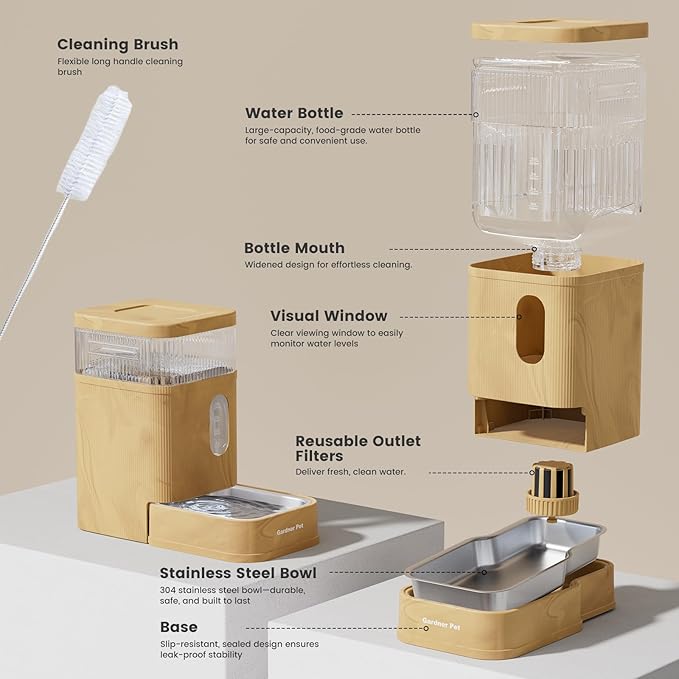 Gardner Pet 2.2 Gallon Automatic Dog Water Bowl Dispenser 8.5L Gravity Water Feeder with Stainless Steel Bowl & Maifan Stone Filter, BPA-Free for for Cats and Dogs (Brown, 2.2 Gallon)