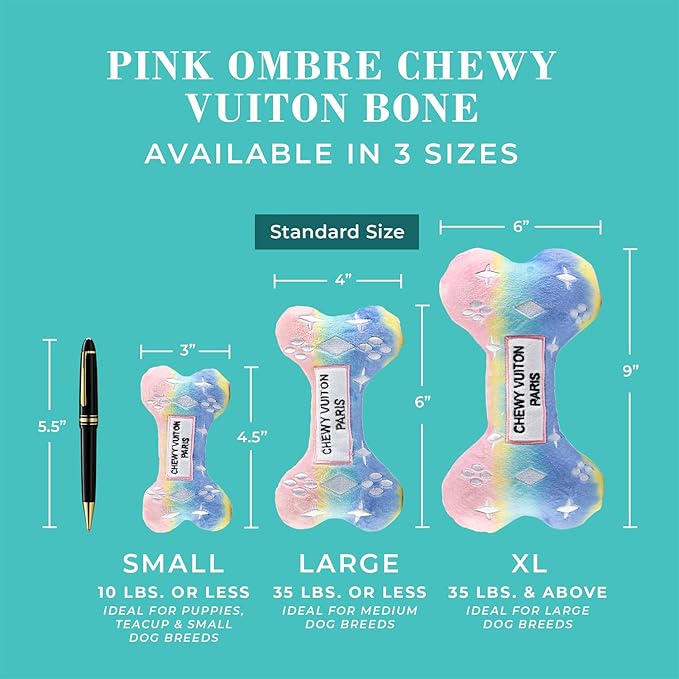 Haute Diggity Dog Pink Ombre Chewy Vuiton Bone, Plush Designer Dog Toys with Interactive Squeaker, Stimulating Pet Enrichment, Machine-Washable & Safe Materials for All Breeds, Size XL