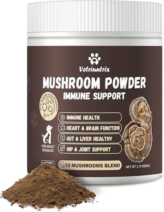 Turkey Tail Mushroom Powder for Dogs, Organic 10 Mushroom Blend for Lumps and Bumps, Dog Herbal Supplements Probiotic with 50% β-Glucan, Joint Gut Immune Skin Support-45 Day Supply