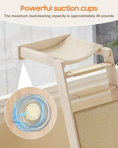 51'' Cat Window Perch with Sisal Pad, Extra-Wide Cat Scratcher with Suction Cups for Glass, Sisal Ball Hammock Ladder for Sleeping, Playing and Watching Bird