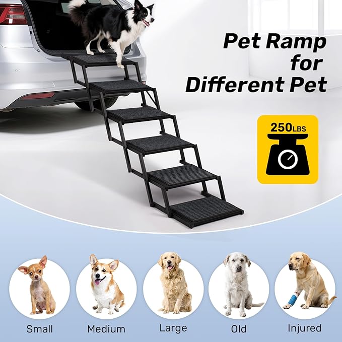 Extra Wide Dog Steps for Car, Truck and SUV - Foldable Pet Stairs for Large Dogs with Non-Slip Rug Surface, Lightweight Dog Ramp Holds Up to 250lbs, 6 Steps