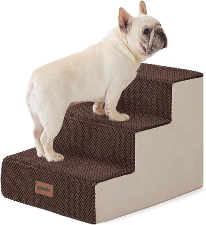 Dog Steps for Couch - Pet Stairs for Small Dogs and Cats, Dog Steps with Non-Slip Bottom Grey 3 Steps, Brown