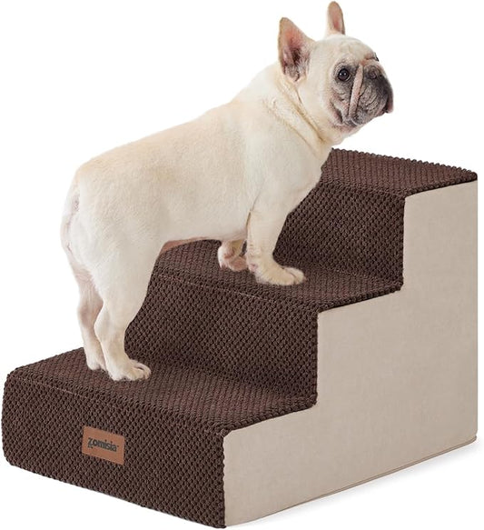Dog Steps for Couch - Pet Stairs for Small Dogs and Cats, Dog Steps with Non-Slip Bottom Grey 3 Steps, Brown
