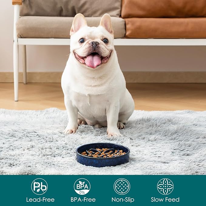 vancasso Ceramic Slow Feeder Dog Bowls, Puzzle Dog Food Bowls with Floral Maze, Anti -Slip Pet Food Dish for Small Breed, 0.6 Cups, Blue