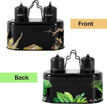 REPTI ZOO Nano Combo Print Tropical Desert Reptile Dual Deep Dome Lamp Fixture for Reptile Max 40 Watts Max Bulb Height 4 in Per Socket UVB Light Fixture Dual Lamp Cap Combo Integration Design