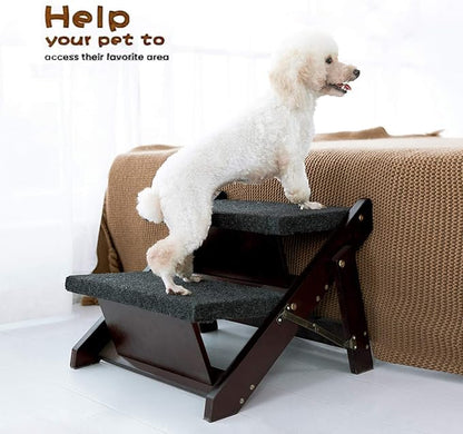 MEWANG Wooden Pet Stairs/Pet Steps - 2-in-1 Foldable Stairs & Ramp for Beds and Cars - Portable Dog/Cat Ladder Up to 110 Pounds - Great for Small and Older Animals(Brown) (Tan, 49 * 10 * 55.5, 1)