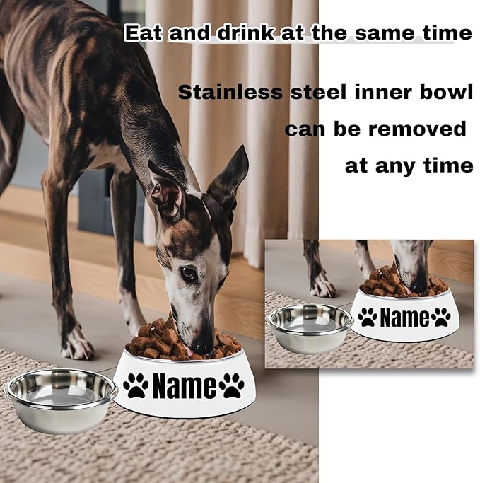 Personalized Stainless Steel Dog & Cat Food/Water Bowls – Custom Pet Name, Non-Slip, Easy Clean Feeding Dishes with Separate Plates(White)