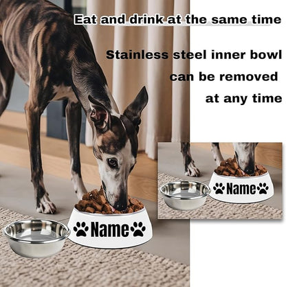 Personalized Stainless Steel Dog & Cat Food/Water Bowls – Custom Pet Name, Non-Slip, Easy Clean Feeding Dishes with Separate Plates(White)