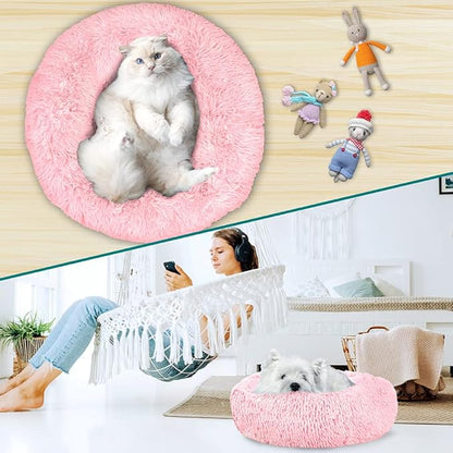 PetAmi Calming Dog Bed for Small Medium Dog Cat, Round Donut Dog Bed Washable, Fluffy Faux Fur Plush Cuddler Pet Kitten Cushion Bed, Anti-Slip, Fits up to 25 lbs, 23 inch, Pink