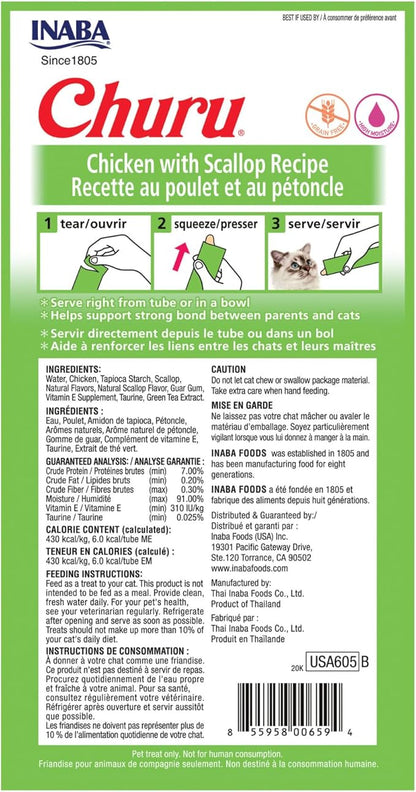 INABA Churu Cat Treats, Grain-Free, Lickable, Squeezable Creamy Purée Cat Treat/Topper with Vitamin E & Taurine, 0.5 Ounces Each Tube, 24 Tubes (4 per Pack), Chicken with Scallop Recipe